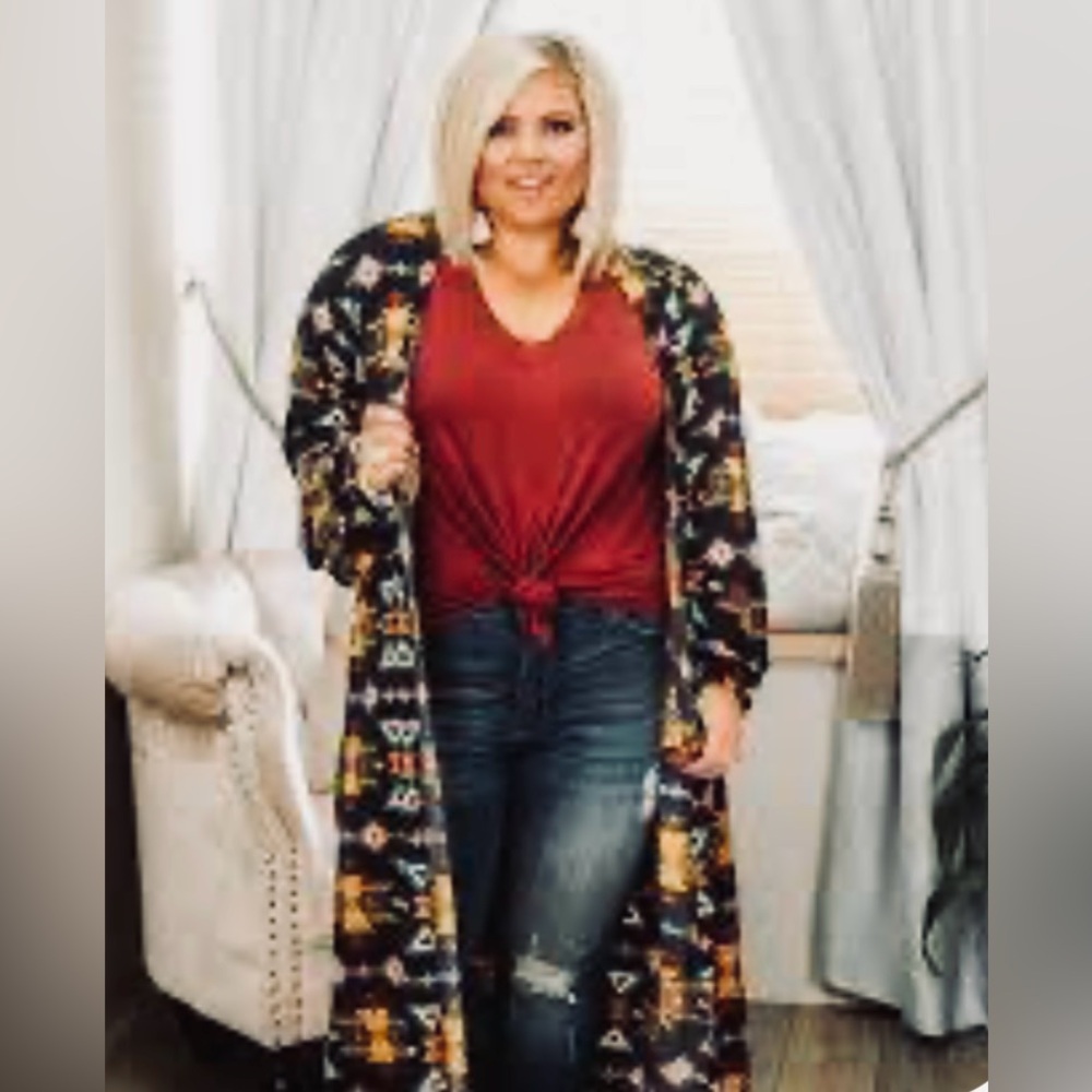 NWT Glitzy Girlz Sunsets in Winslow Navy & Mustard Open Front Duster/Kimono